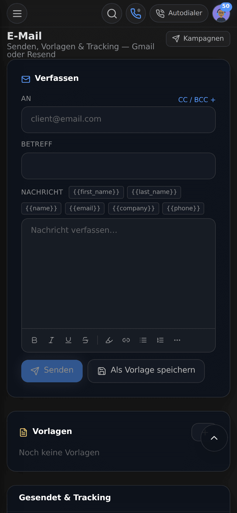 AM CRM mobil: E-Mails verfassen — auch unterwegs.
