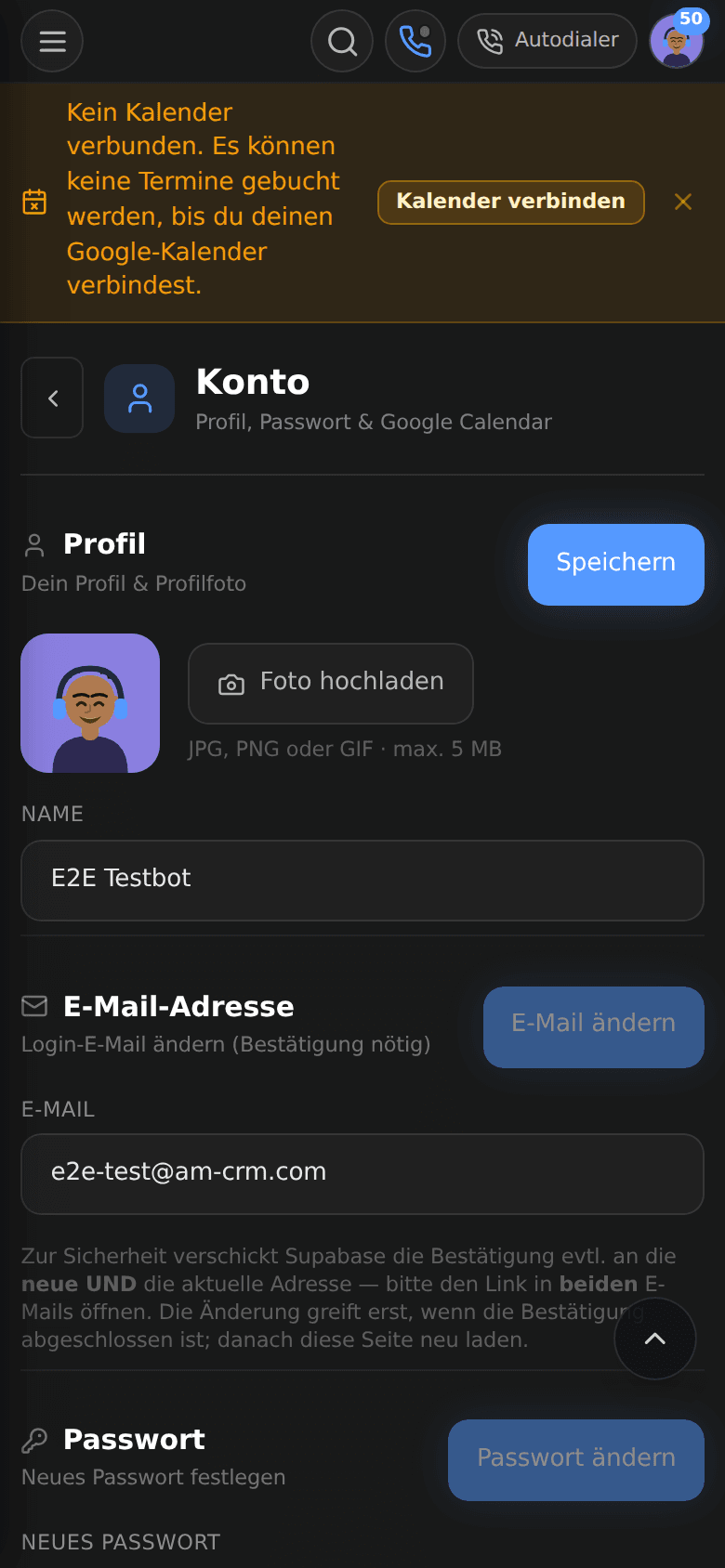 AM CRM mobil: Einstellungen