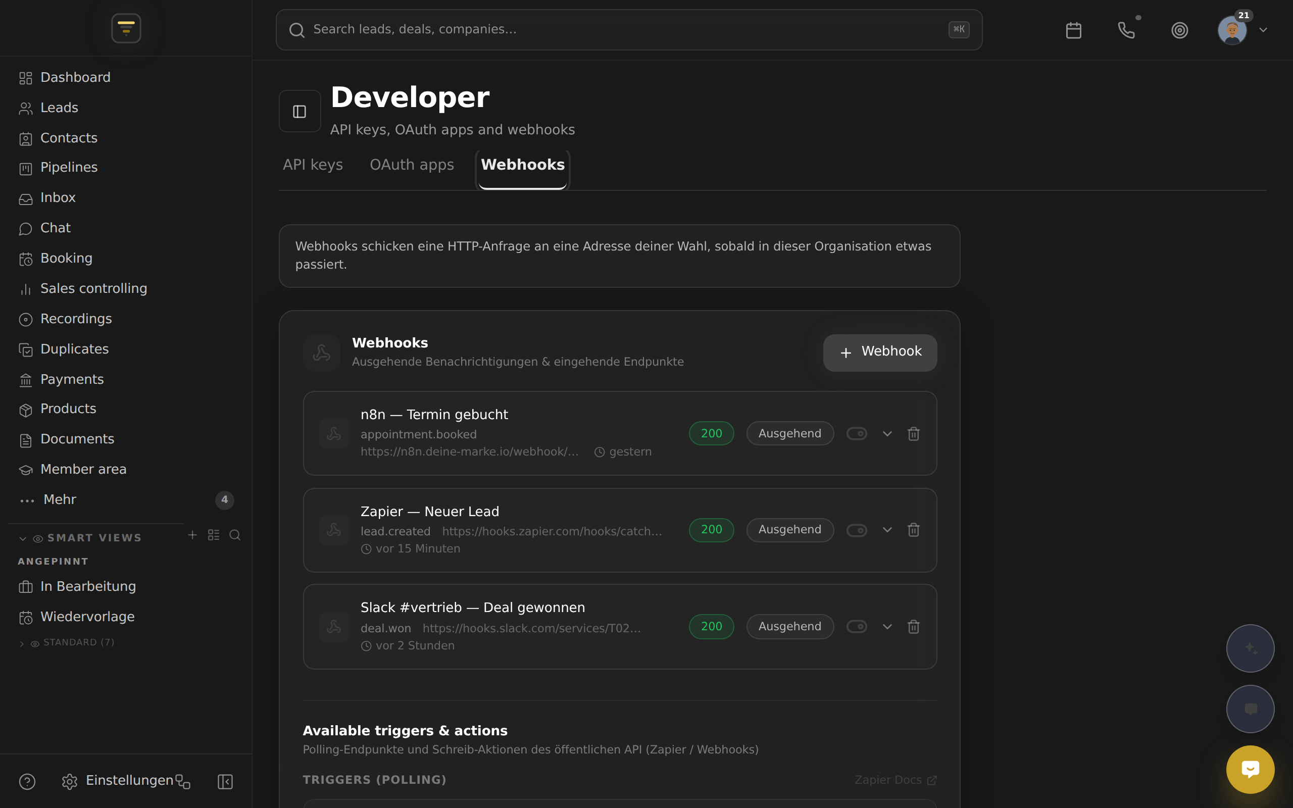 Echte AM CRM Produktansicht: Zapier · 6.000+ Apps · Ohne Code