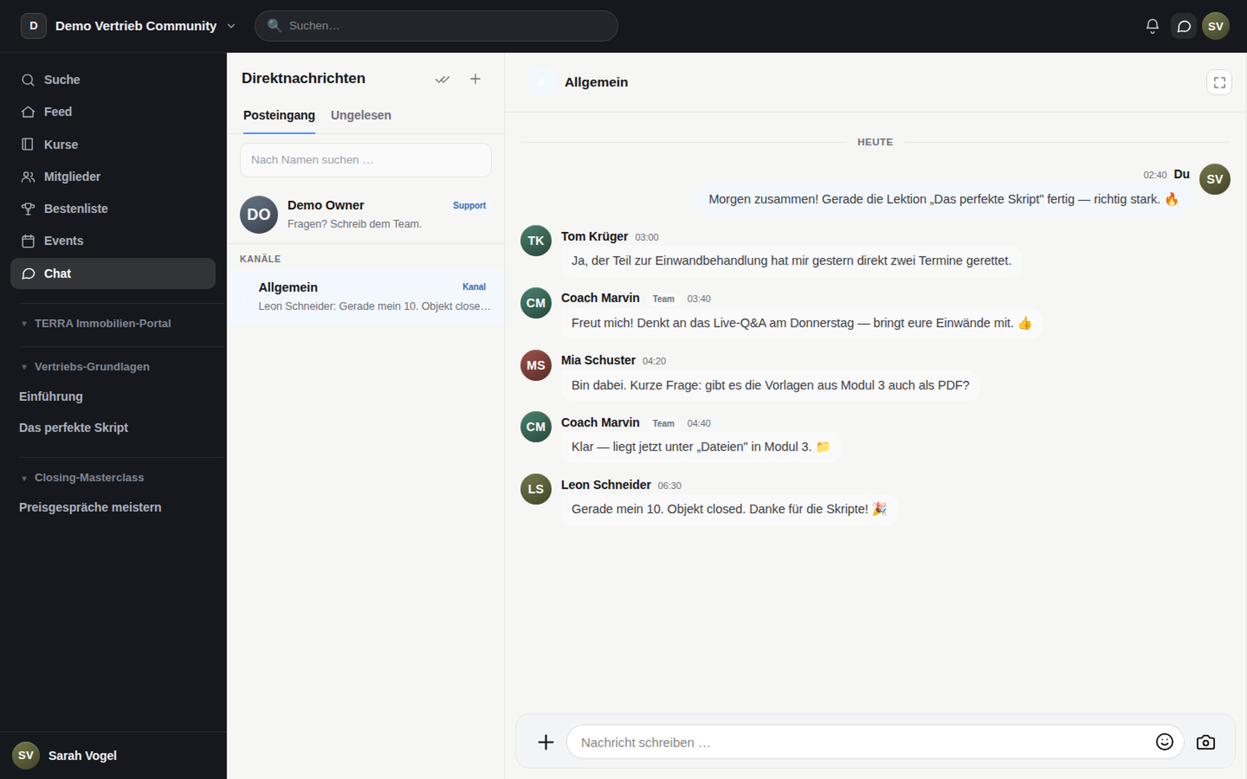 Membership area · Chat: channels and direct messages between members and coaches