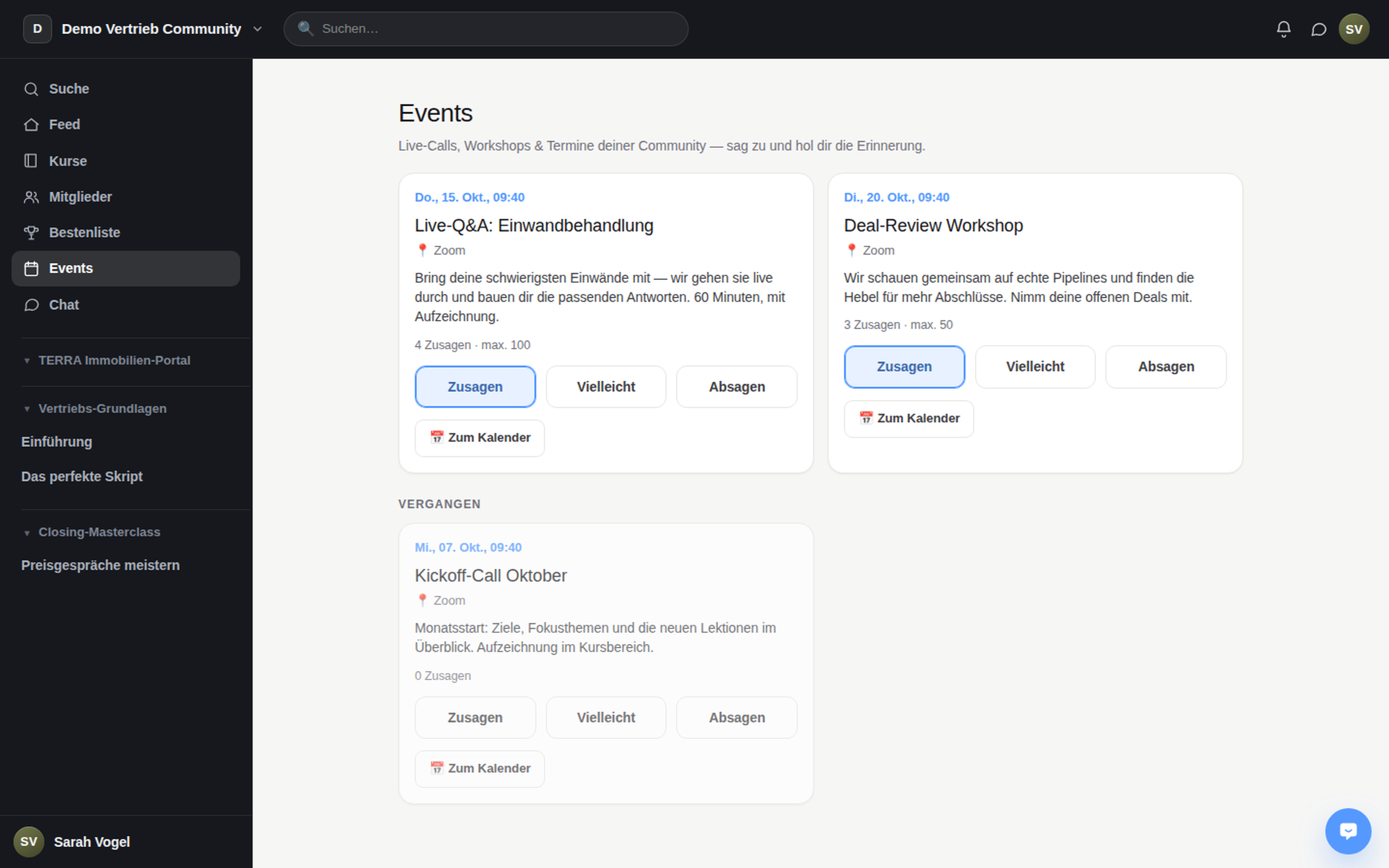 Membership area · Events: live calls and workshops with RSVP and calendar