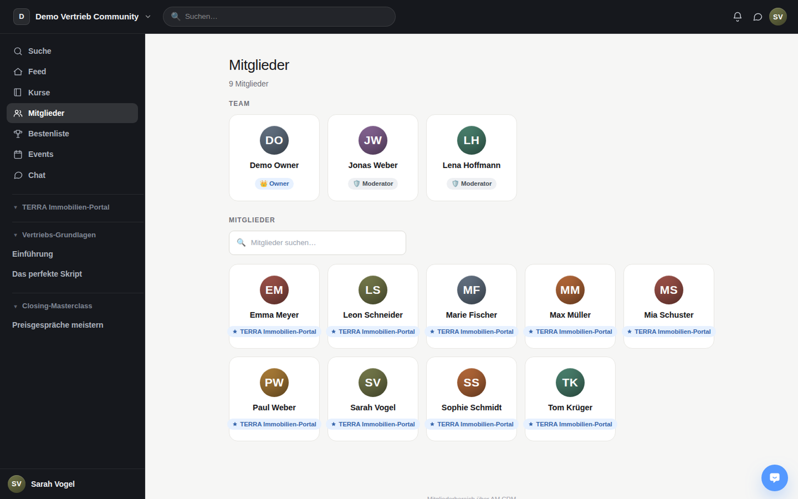 Membership area · Members: team and member directory with roles