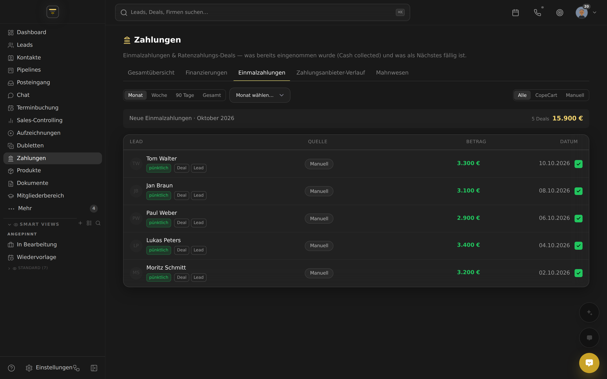 A real AM CRM view: Every payment lands straight in the CRM.